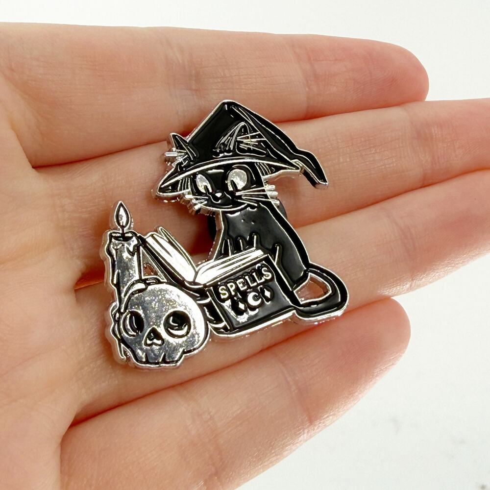 Black Cat Witch Reading Spell Book Soft Enamel Pin Gothic Halloween Lapel